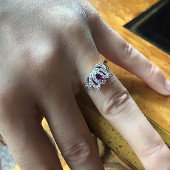 Natural Rhodolite Garnet Sterling Silver 18k Yellow Gold Vermeil Lotus Ring - Picture 9 of 9
